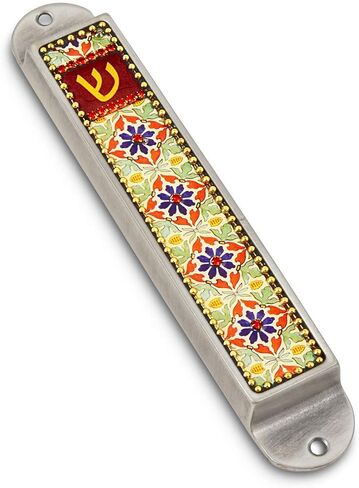 Iris Collection Handcrafted Pewter & Enamel Beaded Colored Mezuzah Case (Black - Florals) in Saudi Arabia