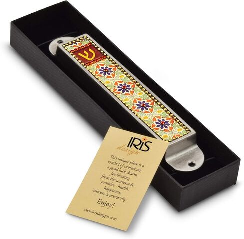 Iris Collection Handcrafted Pewter & Enamel Beaded Colored Mezuzah Case (Black - Florals) in Saudi Arabia