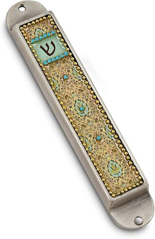 Iris Collection Handcrafted Pewter & Enamel Beaded Colored Mezuzah Case (Black - Florals) in Saudi Arabia