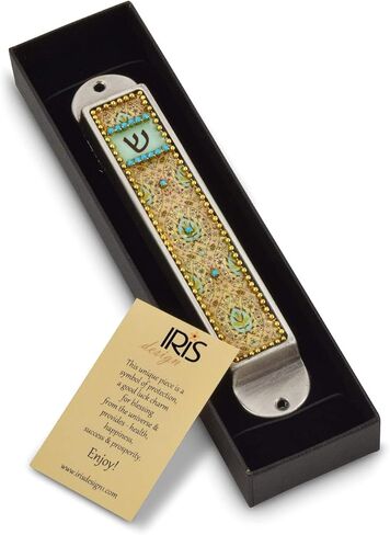 Iris Collection Handcrafted Pewter & Enamel Beaded Colored Mezuzah Case (Black - Florals) in Saudi Arabia