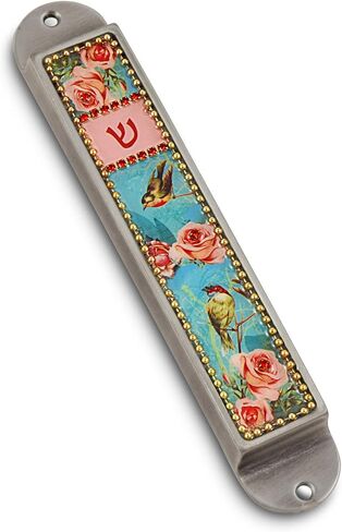 Iris Collection Handcrafted Pewter & Enamel Beaded Colored Mezuzah Case (Black - Florals) in Saudi Arabia