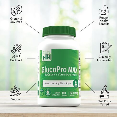 Health Thru Nutrition GlucoPro Max - with 1,500mg Berberine, Chrominex + Chromium, and 1,000mg Cinnamon | Vegan, Non-GMO, Gluten Free | Pack of 90 in Saudi Arabia