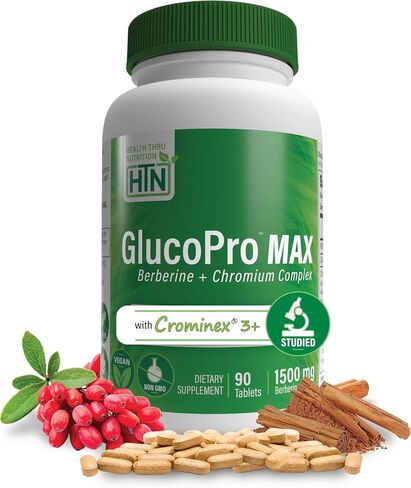 Health Thru Nutrition GlucoPro Max - with 1,500mg Berberine, Chrominex + Chromium, and 1,000mg Cinnamon | Vegan, Non-GMO, Gluten Free | Pack of 90 in Saudi Arabia