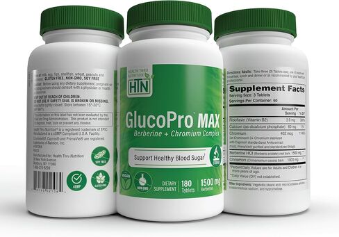 Health Thru Nutrition GlucoPro Max - with 1,500mg Berberine, Chrominex + Chromium, and 1,000mg Cinnamon | Vegan, Non-GMO, Gluten Free | Pack of 90 in Saudi Arabia