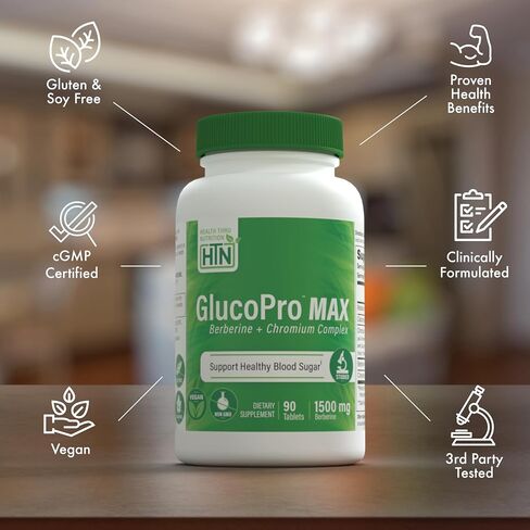 Health Thru Nutrition GlucoPro Max - with 1,500mg Berberine, Chrominex + Chromium, and 1,000mg Cinnamon | Vegan, Non-GMO, Gluten Free | Pack of 90 in Saudi Arabia