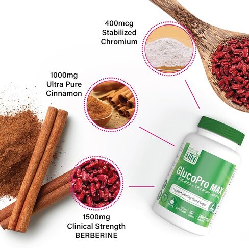 Health Thru Nutrition GlucoPro Max - with 1,500mg Berberine, Chrominex + Chromium, and 1,000mg Cinnamon | Vegan, Non-GMO, Gluten Free | Pack of 90 in Saudi Arabia
