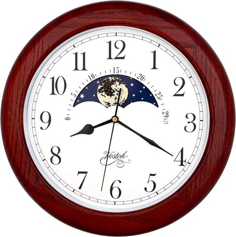 JUSTIME 14 Inch Exclusive Solid Oak Wood Non-Ticking Sweep Mechanical Specialty Moon Phase Moving Dial Wall Clock, Gift, Home Décor in Saudi Arabia