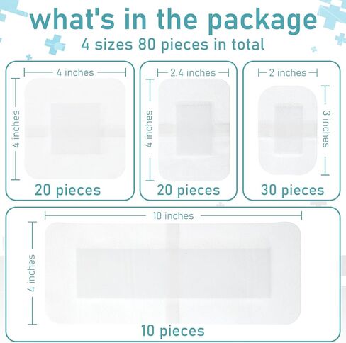 80 قطعة من ضمادات الشاش ذات الحدود لجزيرة الشاش، 2 × 3 بوصة، 2.4 × 4 بوصة، 4 × 4 بوصة، 4 × 10 بوصة، ضمادات ملفوفة بشكل فردي مع حدود لاصقة قابلة للتنفس in Kuwait