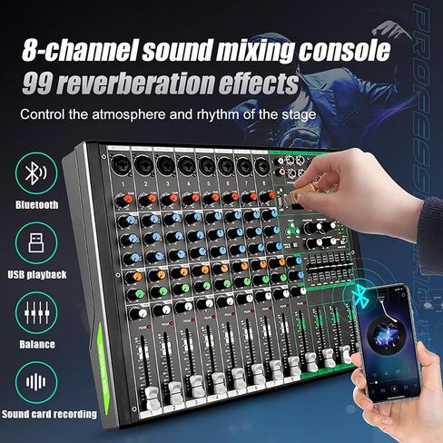 MIX-8 Professional DJ Audio Mixer مدخل 8 قنوات مع شريحة DPS Reverb 99 بت وتسجيل USB بلوتوث وتشغيل MP3 للمرحلة والبار والاستوديو (MIX-8) in Kuwait