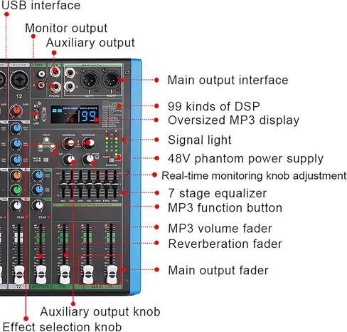 MIX-8 Professional DJ Audio Mixer مدخل 8 قنوات مع شريحة DPS Reverb 99 بت وتسجيل USB بلوتوث وتشغيل MP3 للمرحلة والبار والاستوديو (MIX-8) in Saudi Arabia