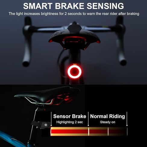 ضوء خلفي للاستشعار التلقائي، ضوء فرامل الدراجة الذكي، مصابيح خلفية للدراجة مستشعر للفرامل للركوب الليلي، ضوء تحذير للسلامة أثناء ركوب الدراجات، ضوء LED قابل لإعادة الشحن عبر USB in Kuwait