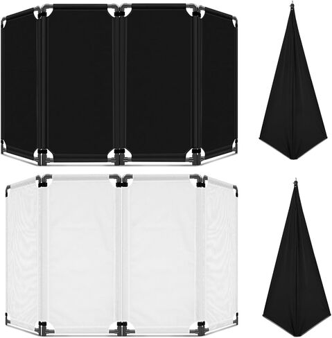 1 Set 20 x 40 Inches DJ Booth Foldable Cover Screen and 2 Pieces Speaker Stand Cover Portable DJ Event Facade with White and Black Scrim 360 Degree Black Speaker Tripod Cover for DJ Event in Saudi Arabia