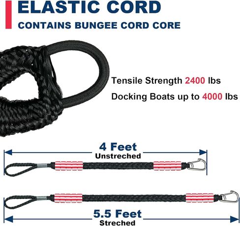 2PCS Bungee Boat Dock Lines for Boats 4Feet Boat Accessories Mooring Ropes Docking Line for Jet Ski or PWC or Other Boats (Black&Red&Blue, 4Feet) in Saudi Arabia