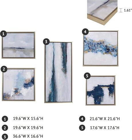 Martha Stewart Wall Art Living Room Décor Blue Drift Abstract Embellished Canvas Home Accent Modern Inspired Dining, Bathroom Decoration Ready to Hang Painting for Bedroom, Multi, 5 Piece in Saudi Arabia