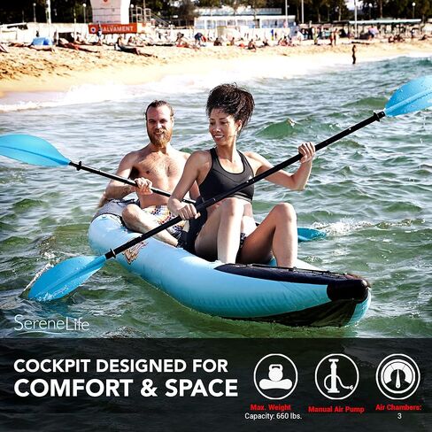 SereneLife 2 Person Inflatable Kayak - Double Kayak with Aluminum Paddles, Repair Kit - Lightweight, Portable Adult Kayaks with High-Output Pump - Durable Vinyl Kayak for Lake, Mild River in Saudi Arabia