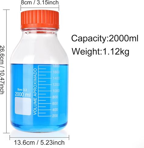 1 Pieces 2000ml Wide Mouth Graduated Round Reagent Bottle,Borosilicate 3.3 Glass Bottle,Media Storage Bottle With GL80 Orange Polypropylene Screw Cap in Saudi Arabia