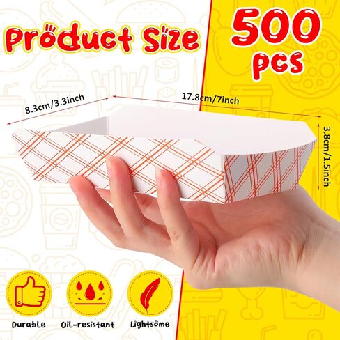 500 قطعة من صواني هوت دوج الورقية مقاس 7 بوصة بوزن 2 رطل صواني طعام باللونين الأحمر والأبيض وقوارب طعام ورقية مربعة وصواني هوت دوج وقوارب ناتشو للاستعمال مرة واحدة لأعياد الميلاد وحفلات الزفاف والمهرجانات ومستلزمات الطعام in Kuwait