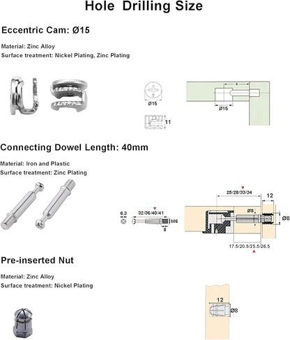 برغي تثبيت كاميرا غريب الأطوار بقطر 15 مم ومسامير تثبيت M6x40mm مع صواميل M6 مُدرجة مسبقًا لتوصيل قفل خزانة الأثاث المسطح (34 مجموعة) in Kuwait