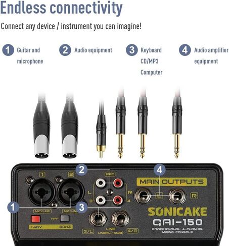 وحدة تحكم خلط الصوت الاحترافية SONICAKE ذات 4 قنوات مع بطاقة صوت USB بلوتوث وطاقة فانتوم مدمجة 48 فولت لإنتاج الموسيقى المنزلية، والبث عبر الإنترنت، وأغنية K in Kuwait