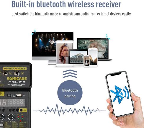 وحدة تحكم خلط الصوت الاحترافية SONICAKE ذات 4 قنوات مع بطاقة صوت USB بلوتوث وطاقة فانتوم مدمجة 48 فولت لإنتاج الموسيقى المنزلية، والبث عبر الإنترنت، وأغنية K in Kuwait