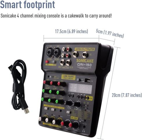 وحدة تحكم خلط الصوت الاحترافية SONICAKE ذات 4 قنوات مع بطاقة صوت USB بلوتوث وطاقة فانتوم مدمجة 48 فولت لإنتاج الموسيقى المنزلية، والبث عبر الإنترنت، وأغنية K in Kuwait