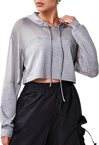 COZYEASE Women's Cropped Sweatshirt Mesh Drawstring Workout Hoodie Long Sleeve Casual Basic Sweatshirts Sport Clothes in Saudi Arabia