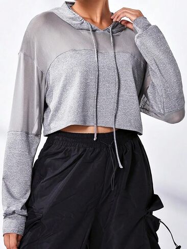 COZYEASE Women's Cropped Sweatshirt Mesh Drawstring Workout Hoodie Long Sleeve Casual Basic Sweatshirts Sport Clothes in Saudi Arabia