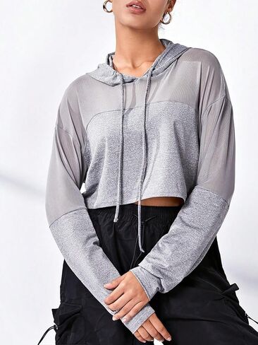 COZYEASE Women's Cropped Sweatshirt Mesh Drawstring Workout Hoodie Long Sleeve Casual Basic Sweatshirts Sport Clothes in Saudi Arabia