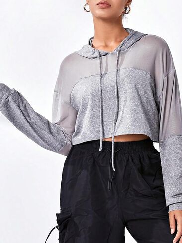 COZYEASE Women's Cropped Sweatshirt Mesh Drawstring Workout Hoodie Long Sleeve Casual Basic Sweatshirts Sport Clothes in Saudi Arabia