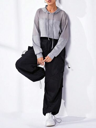 COZYEASE Women's Cropped Sweatshirt Mesh Drawstring Workout Hoodie Long Sleeve Casual Basic Sweatshirts Sport Clothes in Saudi Arabia