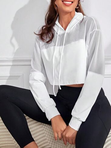 COZYEASE Women's Cropped Sweatshirt Mesh Drawstring Workout Hoodie Long Sleeve Casual Basic Sweatshirts Sport Clothes in Saudi Arabia