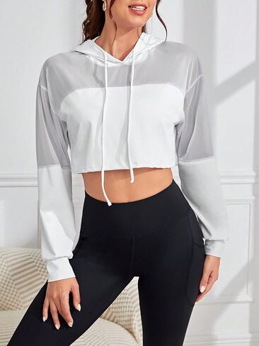 COZYEASE Women's Cropped Sweatshirt Mesh Drawstring Workout Hoodie Long Sleeve Casual Basic Sweatshirts Sport Clothes in Saudi Arabia