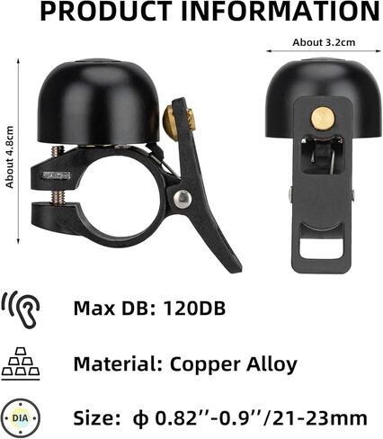 جرس الدراجة، جرس الدراجة المصنوع من سبائك النحاس، جرس الدراجة الكلاسيكي ذو الصوت العالي للبالغين، لقطر المقود 0.82 بوصة - 0.9 بوصة/21-23 مم، متوسط، أسود in Kuwait