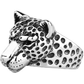 Silver Leopard Head Ring, Leopard Head Ring for Men, Punk Leopard Head Biker Ring Cheetah Head Jewelry, Spot Leopard Animal Ring Tribal Leopard Head Ring Rock Leopard Animal Ring for Boys