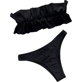 SweatyRocks Women's 2 Piece Set Ruffle Trim Bandeau Bikini Swimsuit Ruched Bust Bathing Suit