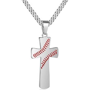 SHBOAZED Baseball Cross Necklace Pendant for Boys Bible Verse I CAN DO All Things Stainless Steel Sport Jewelry for Men 23" Cuban Chain