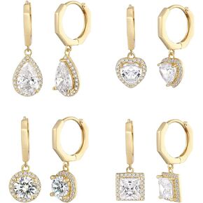 4 Pairs Hoop Dangle Earrings Sets,MDFUN 18K Yellow Gold Plated Hoops dangle Earrings Set Cubic Zirconia Earrings for Women Pack of 4 Pairs