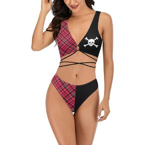 MEOWCOS Women's Bikini Sets Sexy Cross Lace-up Swimwear Two Piece Bathing Suit Skull Red Plaid Pattern Top and Shorts