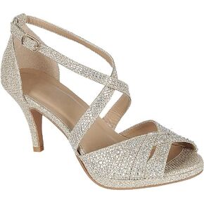 Women's Cross strappy Open Toe Glitter Rhinestone Dressy/Party/Wedding Mid Pump Heel Sandal,