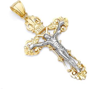 The World Jewelry Center 14k REAL Two Tone Gold Religious Jesus Crucifix Cross Charm Pendant