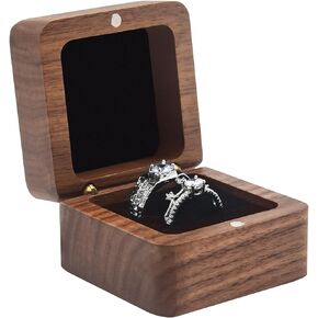 Wooden Ring Box for Wedding Ceremony 2 Slots,Small Square Solid Wood Double Ring Holder Case Box,Vintage Ring Bearer Box for Engagement Proposal,Rustic Jewelry Gift Storage Box-Black
