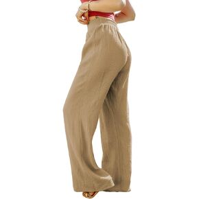 Women Casual Linen Pants Drawstring Elastic Waist Loose Fit Wide Leg Pants S-2XL