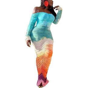 Vaceky Women's Off The Shoulder Maxi Ruched Dress Long Sleeve Rainbow Gradient Beach Vacation Bodycon Dresses