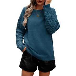 Women's 2024 Fall Sweaters Casual Long Sleeve Crewneck Cable Knit Pullover Sweater Loose Chunky Jumper Tops