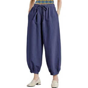 Aeneontrue Women's Linen Lantern Pants Casual Cropped Wide Leg Trousers Elastic Waist with Pockets