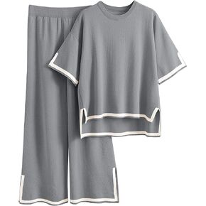 HAILTH Women's Knit Sweater Sets 2 Piece Outfits Sleeve Top High Waist Wide Leg Pants Lounge Set Tracksuits