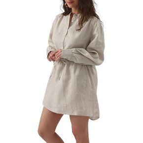 Amazhiyu Womens Pure Linen Summer Long Sleeve Mini Shirt Dress Drawstring Waist Causal