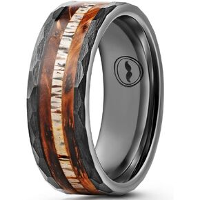 Men's Tungsten Carbide Wedding Band - Premium Grade Black Hammered Ring (Whiskey Barrel Wood & Deer Antler Inlay) - Includes Silicon Band, Leather Drawstring Pouch, & Luxury Walnut Ring Box