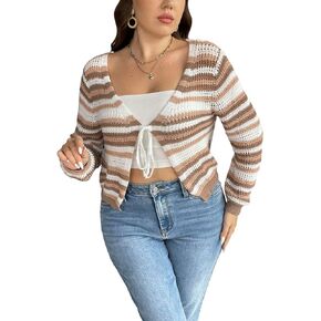 Floerns Women's Plus Size Striped Tie Front Long Sleeve V Neck Cardigan Sweater