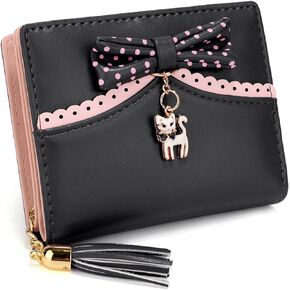 UTO Wallet for Girls PU Leather Cat Pendant Tassel Zipper Card Holder Organizer Women Small Cute Coin Purse Ace Black